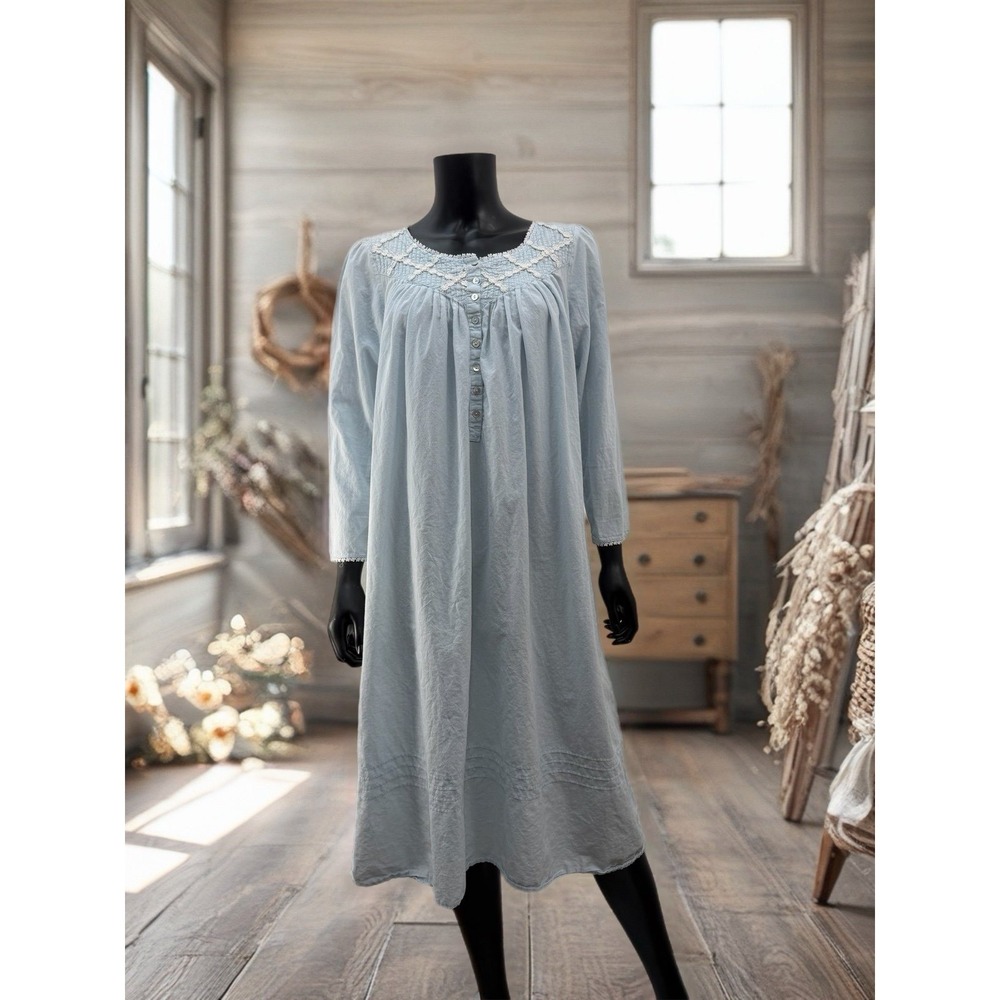 Eileen West Blue Cotton Nightgown Long Sleeve Lace Trim Sleep‎ Dress Small